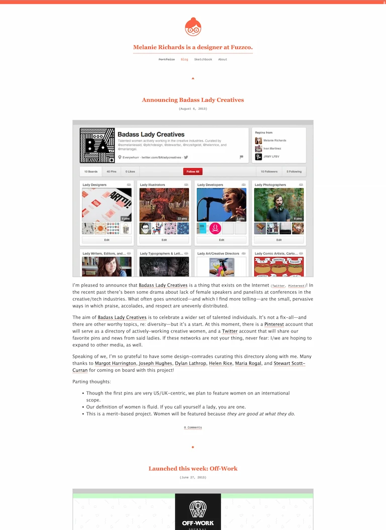 A home page featuring a feed of blog posts, most recently announcing the release of a new project called Badass Lady Creatives. My logo at the top is a geometric vector drawing of a girlish head with a bun and glasses, done in a coral red.
